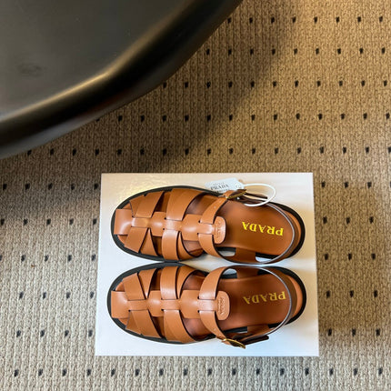 PRADA 26S ANKLE STRAP FISHERMAN SANDALS IN BROWN CALFSKIN