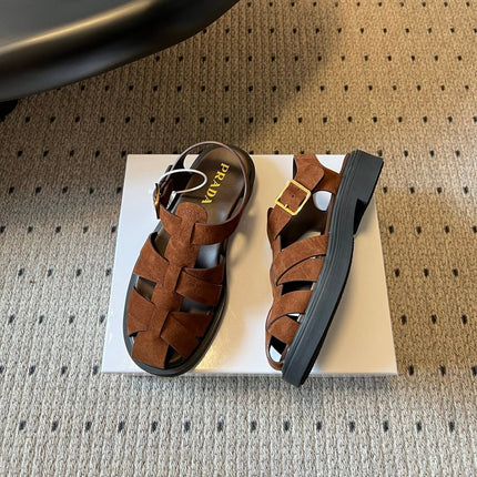 PRADA 26S ANKLE STRAP FISHERMAN SANDALS IN BROWN SUEDE