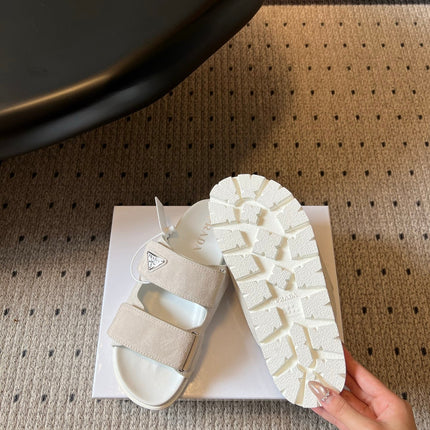 PRADA 26S DOUBLE STRAP SLIDES 35MM IN IVORY WHITE SUEDE
