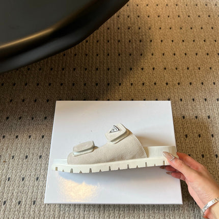 PRADA 26S DOUBLE STRAP SLIDES 35MM IN IVORY WHITE SUEDE