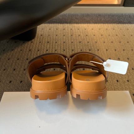 PRADA 26S DOUBLE STRAP SLIDES 35MM IN CARAMEL BROWN SUEDE