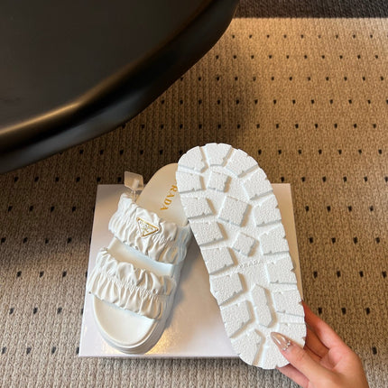 PRADA 26S RUCHED DOUBLE STRAP PLATFORM SLIDES 55MM IN WHITE CALFSKIN