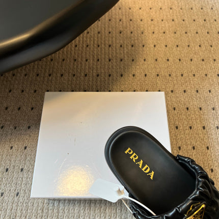 PRADA 26S RUCHED DOUBLE STRAP PLATFORM SLIDES 55MM IN BLACK CALFSKIN