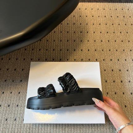 PRADA 26S RUCHED DOUBLE STRAP PLATFORM SLIDES 55MM IN BLACK CALFSKIN