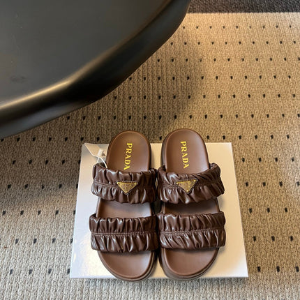 PRADA 26S RUCHED DOUBLE STRAP PLATFORM SLIDES 55MM IN DARK BROWN CALFSKIN