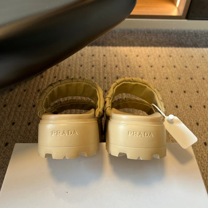 PRADA 26S RUCHED DOUBLE STRAP PLATFORM SLIDES 55MM IN BEIGE CALFSKIN
