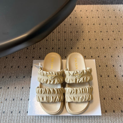 PRADA 26S RUCHED DOUBLE STRAP PLATFORM SLIDES 55MM IN BEIGE CALFSKIN