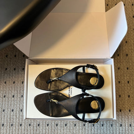 YSL 26S WIDE-STRAP THONG SANDALS IN BLACK CALFSKIN
