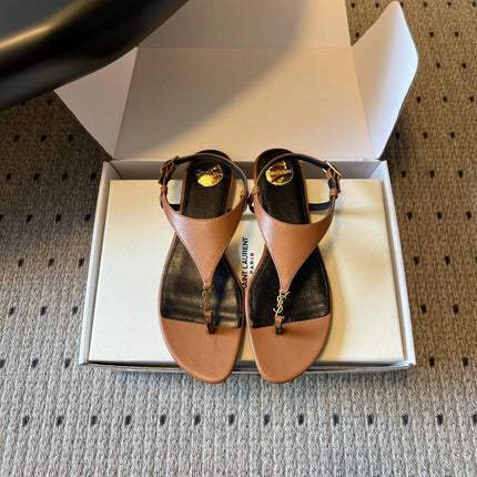 YSL 26S WIDE-STRAP THONG SANDALS IN BROWN CALFSKIN