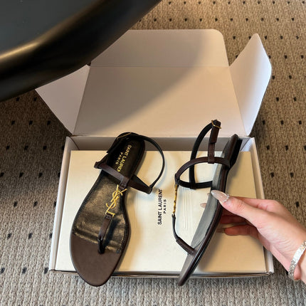 YSL 26S THONG SANDALS IN CHOCOLATE BROWN CALFSKIN WITH GOLD HARDWARE