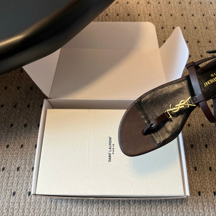 YSL 26S THONG SANDALS IN CHOCOLATE BROWN CALFSKIN WITH GOLD HARDWARE