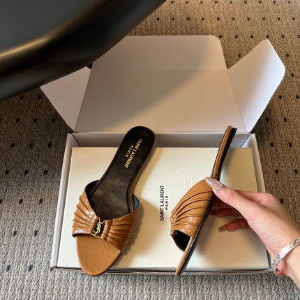 YSL 26S BABYLONE FLAT MULES IN BROWN LAMBSKIN