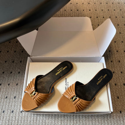 YSL 26S BABYLONE FLAT MULES IN BROWN LAMBSKIN