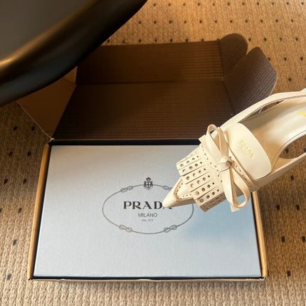 PRADA 26S POINTED TOE FRINGE BOW SLINGBACK PUMPS 85MM IN IVORY WHITE CALFSKIN