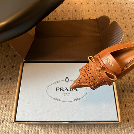PRADA 26S POINTED TOE FRINGE BOW SLINGBACK PUMPS 55MM IN CARAMEL BROWN CALFSKIN