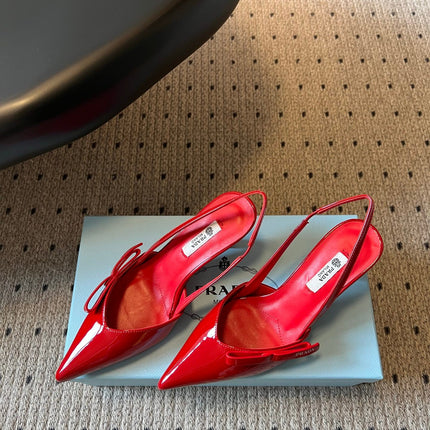 PRADA 26S BOW DETAIL SLINGBACK PUMPS 75MM IN RED PATENT CALFSKIN