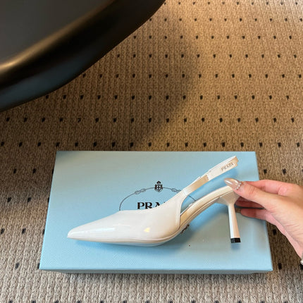PRADA 26S POINTED TOE SLINGBACK HEELS 75MM IN WHITE PATENT CALFSKIN