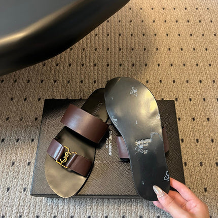 YSL 26S DOUBLE-STRAP SANDALS IN DARK BROWN CALFSKIN