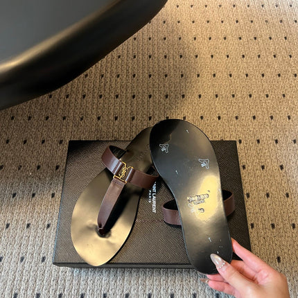 YSL 26S THONG SANDALS IN ESPRESSO BROWN AND BLACK SHINY CALFSKIN