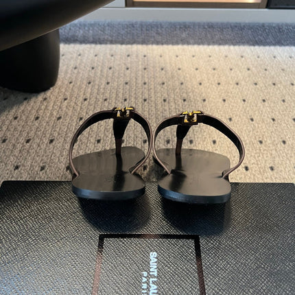 YSL 26S THONG SANDALS IN ESPRESSO BROWN AND BLACK SHINY CALFSKIN