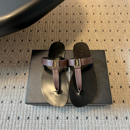 YSL 26S THONG SANDALS IN ESPRESSO BROWN AND BLACK SHINY CALFSKIN