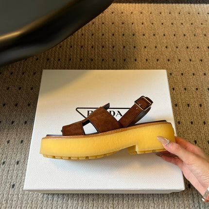 PRADA 26S PLATFORM SANDALS 55MM IN BROWN SUEDE