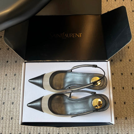 YSL 26S HEELED SLINGBACKS 60 MM IN BLACK LAMBSKIN AND BEIGE MESH