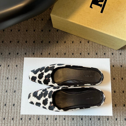 THE ROW 26S SQUARE TOE BACKLESS SLIDES IN WHITE COW PRINT CALF HAIR