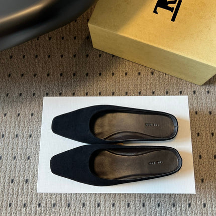 THE ROW 26S SQUARE TOE BACKLESS SLIDES IN BLACK CALF HAIR