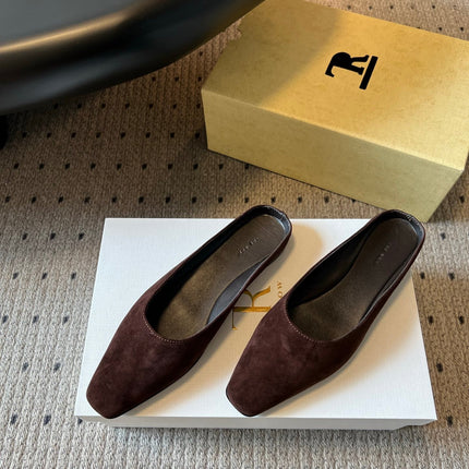 THE ROW 26S SQUARE TOE BACKLESS SLIDES IN DARK BROWN CALF HAIR