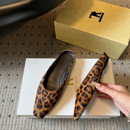 THE ROW 26S SQUARE TOE BACKLESS SLIDES IN BROWN SPOTTED CALF HAIR