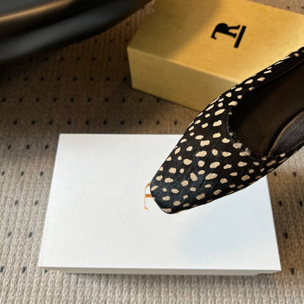 THE ROW 26S SQUARE TOE BACKLESS SLIDES IN BLACK SPOTTED CALF HAIR