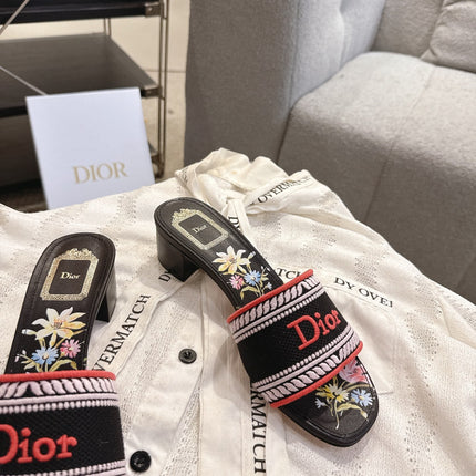 DIOR 26S DWAY FLOWER EDITION HIGH-HEEL SLIDES IN BLACK FABRIC