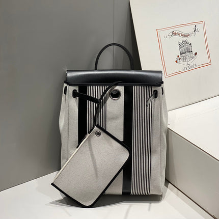 HERBAG A DOS ZIP RETOURNE BACKPACK 29 IN OFF-WHITE MIX BLACK CANVAS AND CALFSKIN