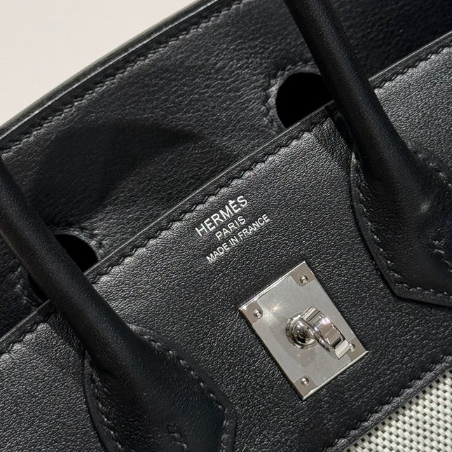 QUADRILLE BIRKIN 25CM IN BLACK SWIFT CALFSKIN WHITE TOILE CANVAS