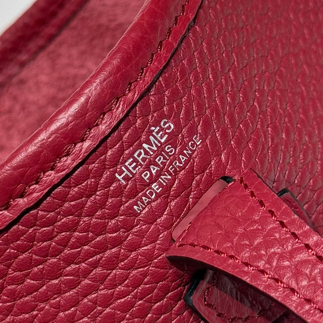 HERMES 25S MINI EVELYNE 18 IN BURGUNDY PATTERNED STRAP CALFSKIN SILVER HARDWARE