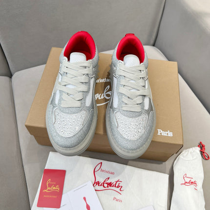 ASTROLOUBI SNEAKER IN SILVER CALFSKIN SPIKES RHINESTONE DETAILS