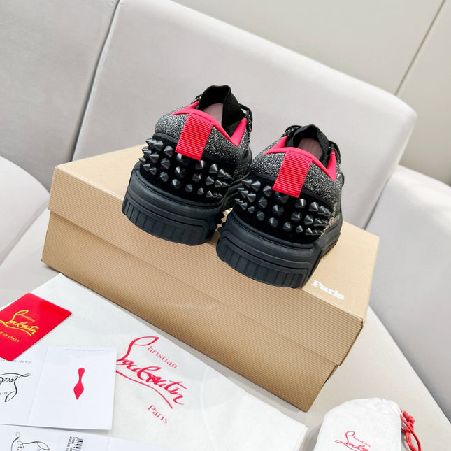 ASTROLOUBI SNEAKER IN BLACK SUEDE BLACK SPIKES RHINESTONE DETAILS