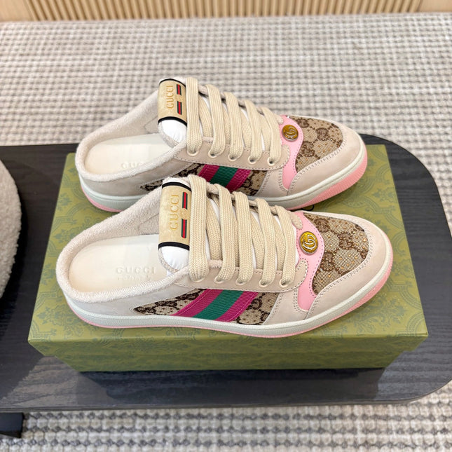 GUCCI 26S BACKLESS SNEAKERS IN BROWN CANVAS AND BEIGE LEATHER