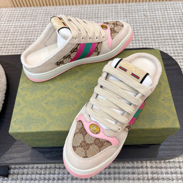 GUCCI 26S BACKLESS SNEAKERS IN BROWN CANVAS AND BEIGE LEATHER