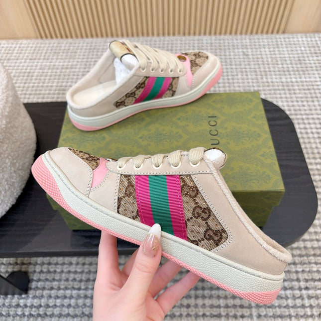 GUCCI 26S BACKLESS SNEAKERS IN BROWN CANVAS AND BEIGE LEATHER