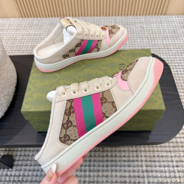 GUCCI 26S BACKLESS SNEAKERS IN BROWN CANVAS AND BEIGE LEATHER
