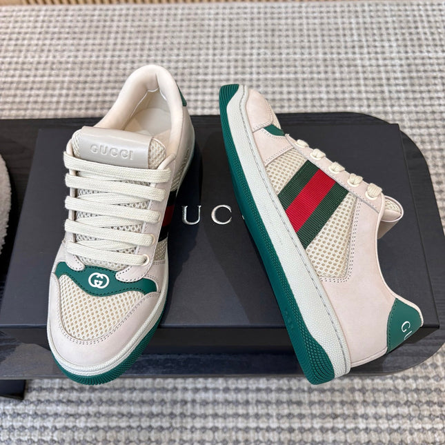 GUCCI 26S MESH SNEAKERS IN LIGHT BEIGE AND GREEN LEATHER