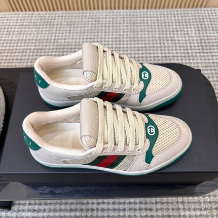GUCCI 26S MESH SNEAKERS IN LIGHT BEIGE AND GREEN LEATHER