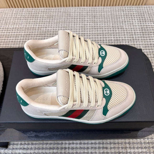 GUCCI 26S MESH SNEAKERS IN LIGHT BEIGE AND GREEN LEATHER
