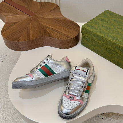 GUCCI 26S MESH SNEAKERS IN SILVER LEATHER