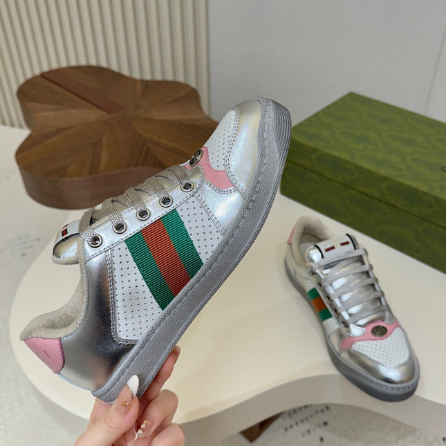 GUCCI 26S MESH SNEAKERS IN SILVER LEATHER
