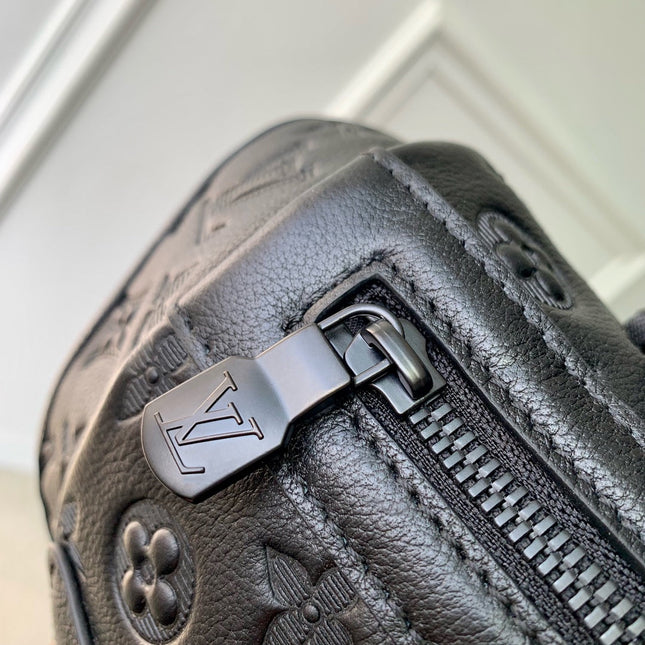 GETAWAY BACKPACK 50 IN BLACK MONOGRAM ECLIPSE CANVAS AND CALFSKIN EMBOSSED LOGO