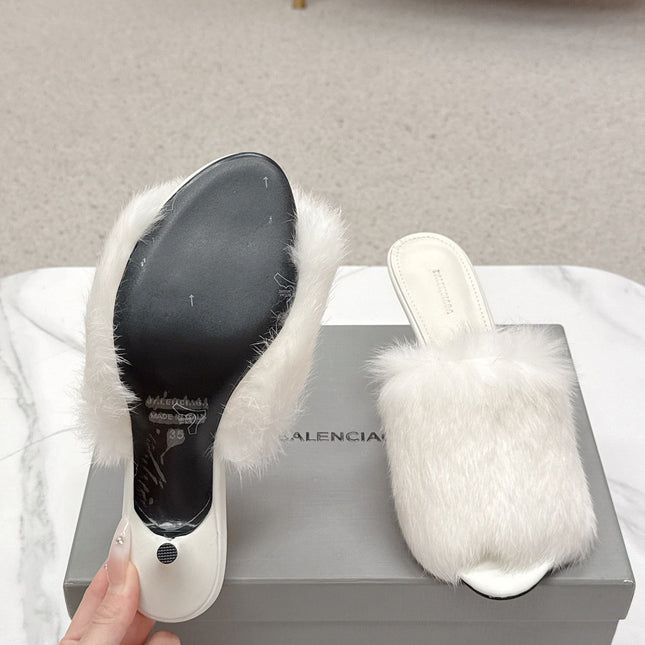 BALENCIAGA 25S HIGH HEEL SANDALS 65 MM IN WHITE LAMBSKIN AND FUR