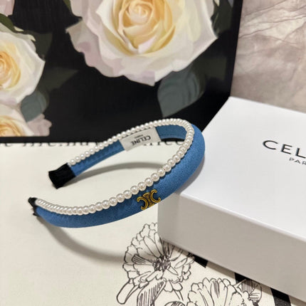 BRIGHT BLUE DENIM FABRIC HAIRBAND WITH PEARL CHAIN 400482